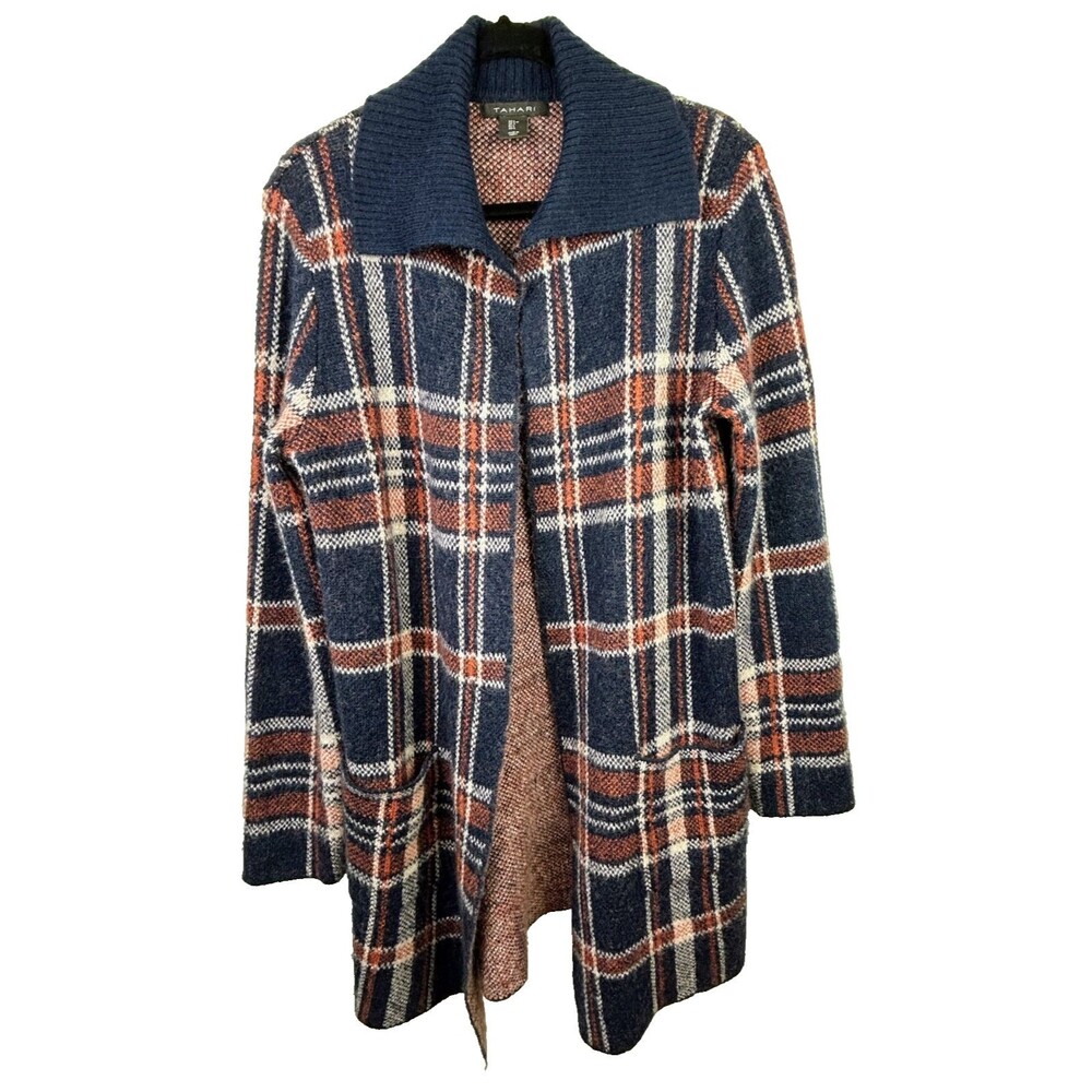 Tahari Open Front Plaid Knit Cardigan Wool Blend Collared Orange Navy Blue L EUC